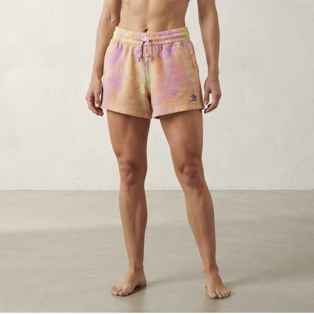 Adidas Originals Women Large Purple Yellow Acid Wash Tie Dye Sweat Shorts Logo